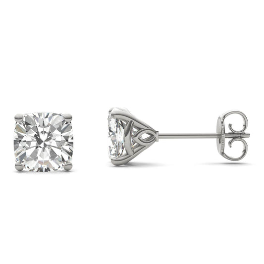 2.57 CTW DEW Cushion Forever One Moissanite Signature Martini Moissanite Stud Earrings in 14K White Gold