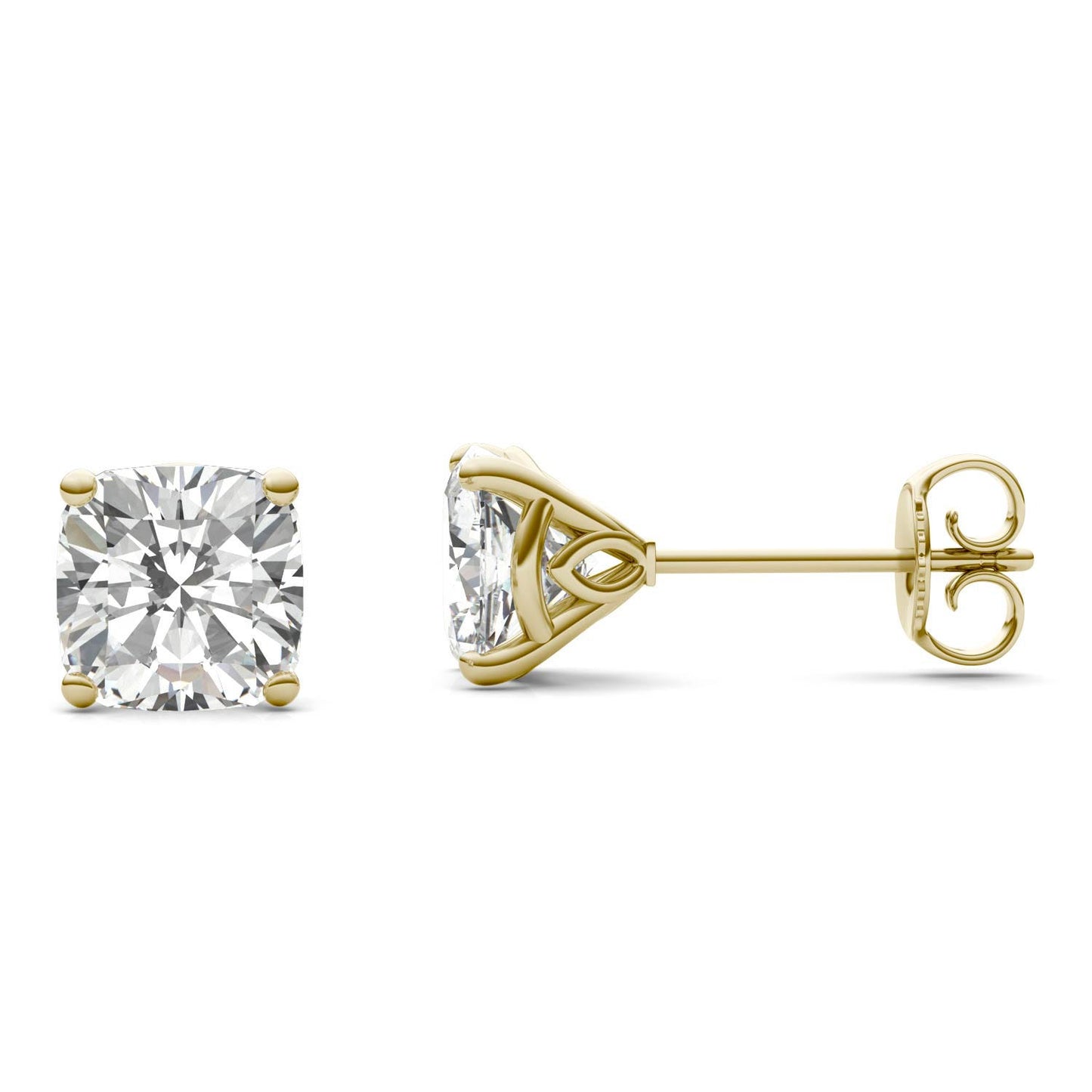 2.57 CTW DEW Cushion Forever One Moissanite Signature Martini Moissanite Stud Earrings in 14K Yellow Gold