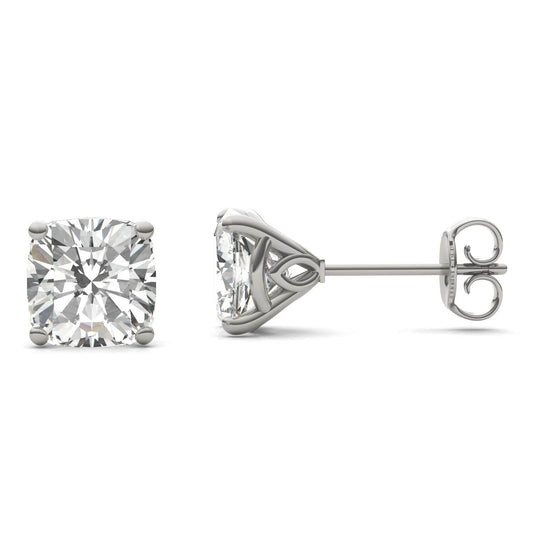 3.16 CTW DEW Cushion Forever One Moissanite Signature Martini Moissanite Stud Earrings in 14K White Gold