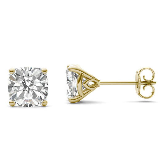 3.16 CTW DEW Cushion Forever One Moissanite Signature Martini Moissanite Stud Earrings in 14K Yellow Gold