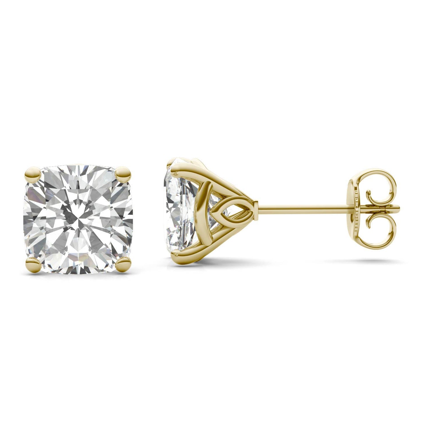 3.82 CTW DEW Cushion Forever One Moissanite Signature Martini Moissanite Stud Earrings in 14K Yellow Gold