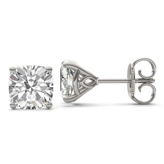 4.57 CTW DEW Cushion Forever One Moissanite Signature Martini Moissanite Stud Earrings in 14K White Gold