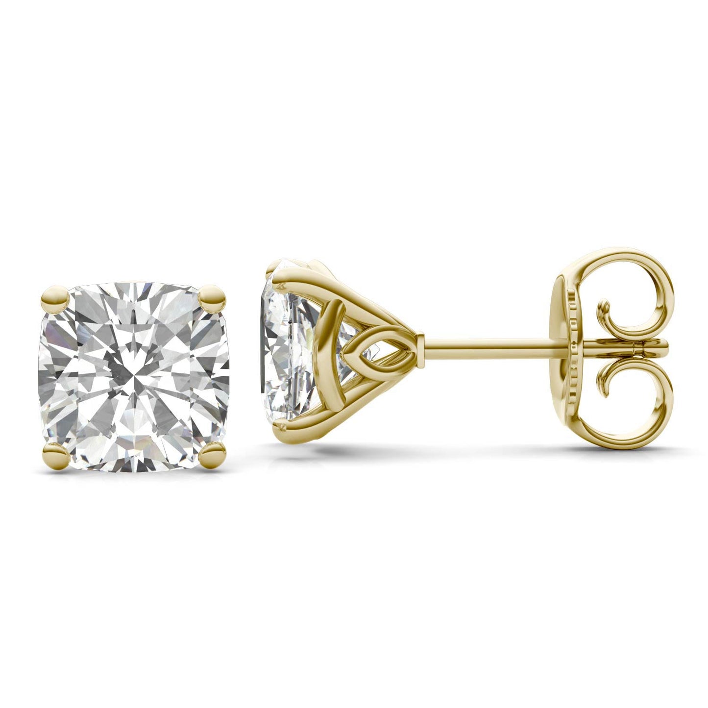 4.57 CTW DEW Cushion Forever One Moissanite Signature Martini Moissanite Stud Earrings in 14K Yellow Gold