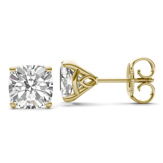 4.57 CTW DEW Cushion Forever One Moissanite Signature Martini Moissanite Stud Earrings in 14K Yellow Gold