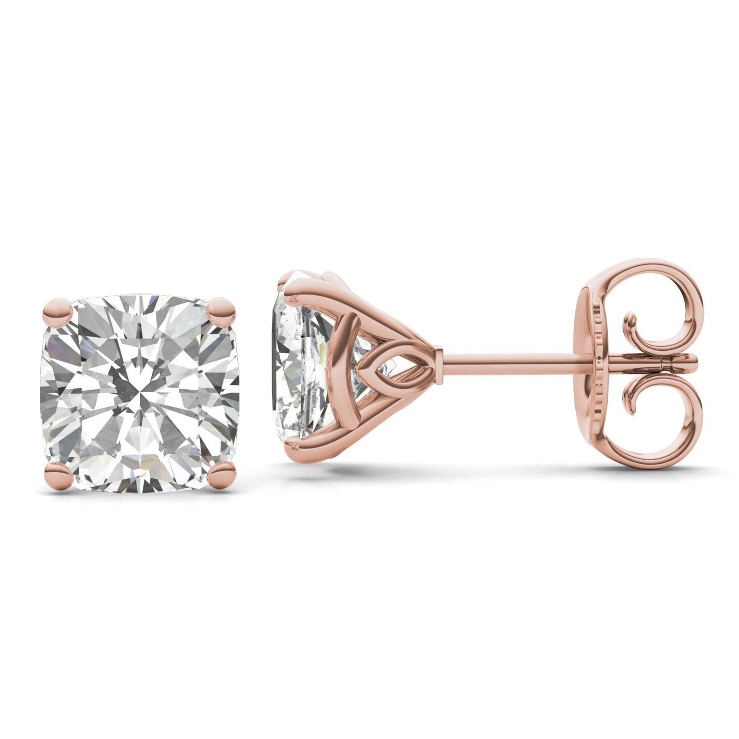 4.57 CTW DEW Cushion Forever One Moissanite Signature Martini Moissanite Stud Earrings in 14K Rose Gold