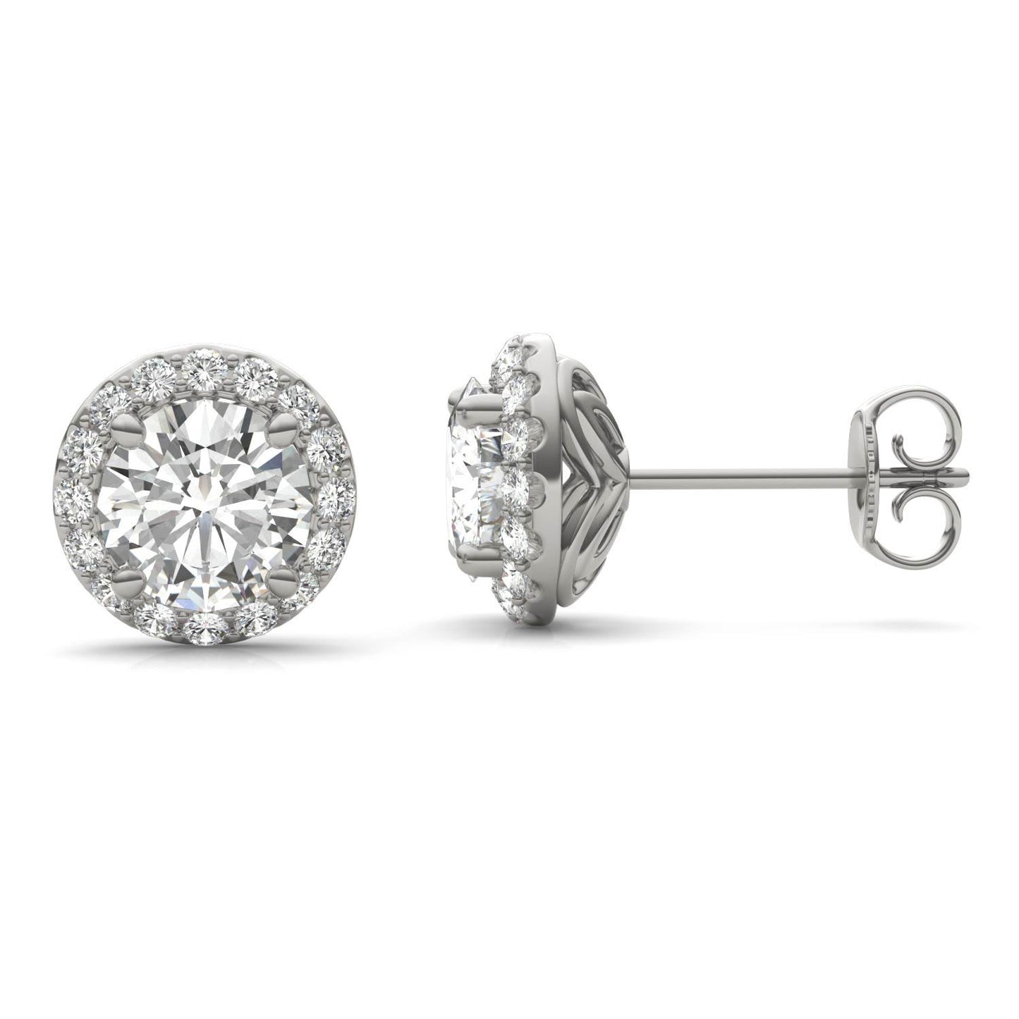 2.40 CTW DEW Round Forever One Moissanite Signature Halo Earrings in 14K White Gold