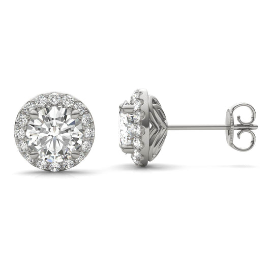 2.40 CTW DEW Round Forever One Moissanite Signature Halo Earrings in 14K White Gold