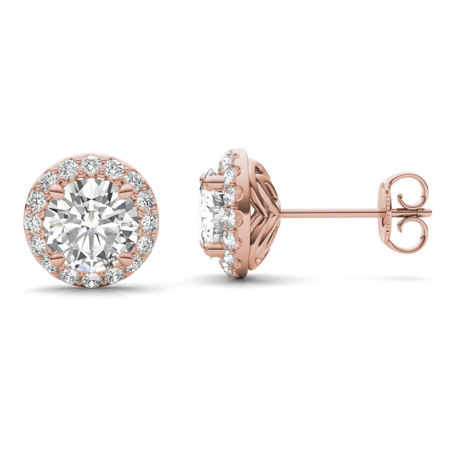 2.40 CTW DEW Round Forever One Moissanite Signature Halo Earrings in 14K Rose Gold