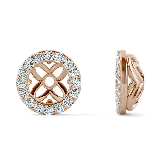 0.32 CTW DEW Round Forever One Moissanite Signature Floret Earring Jackets Earrings in 14K Rose Gold