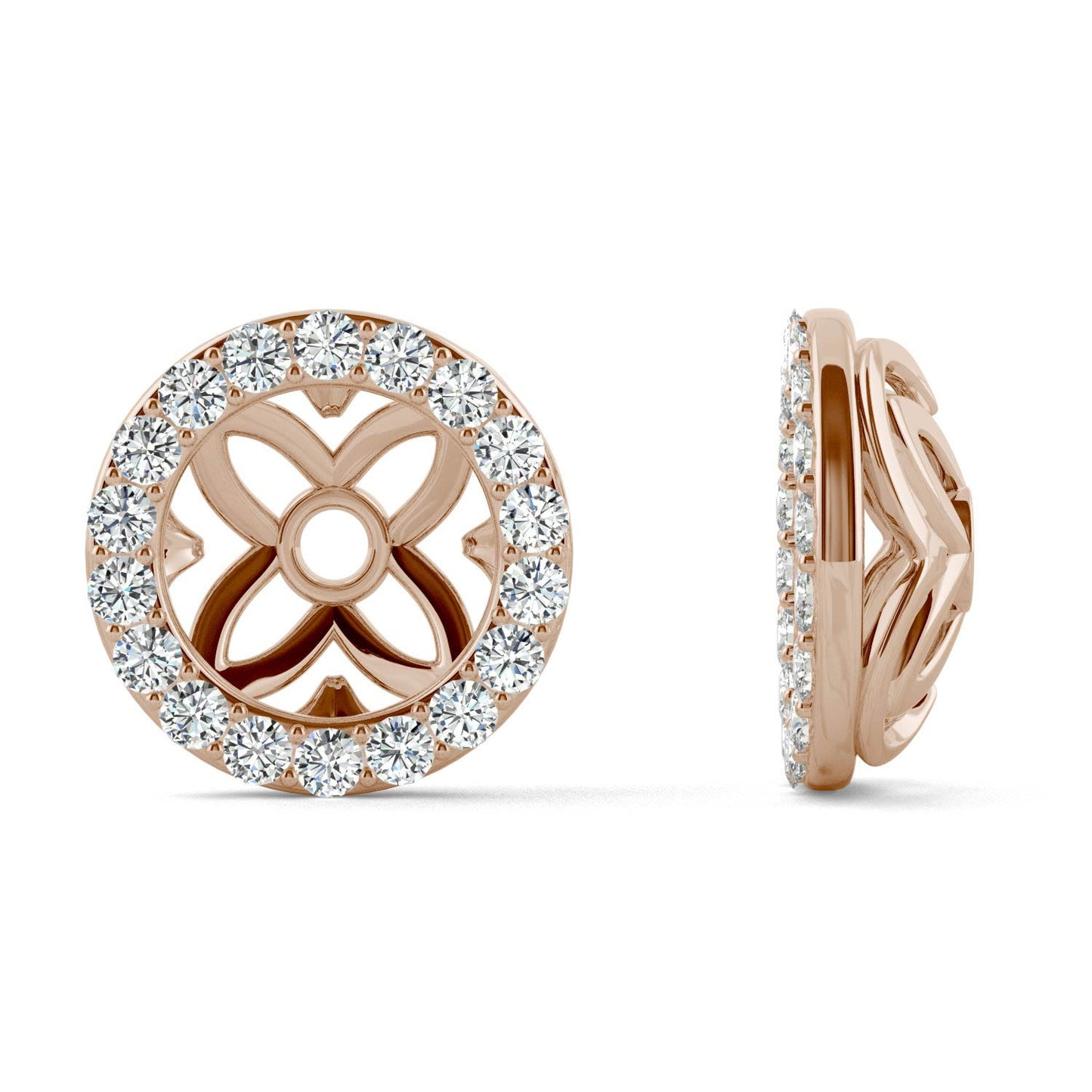 0.36 CTW DEW Round Forever One Moissanite Signature Floret Earring Jackets Earrings in 14K Rose Gold