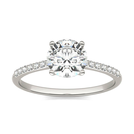 1.19 CTW DEW Round Forever One Moissanite Signature Side Stone Round Engagement Ring in 14K White Gold