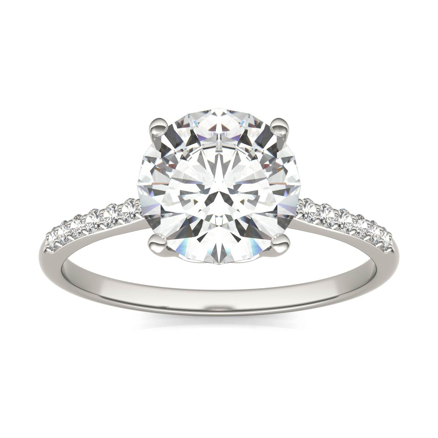 2.07 CTW DEW Round Forever One Moissanite Signature Side Stone Round Engagement Ring in 14K White Gold