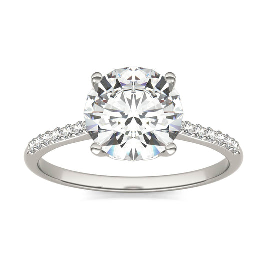 2.07 CTW DEW Round Forever One Moissanite Signature Side Stone Round Engagement Ring in 14K White Gold