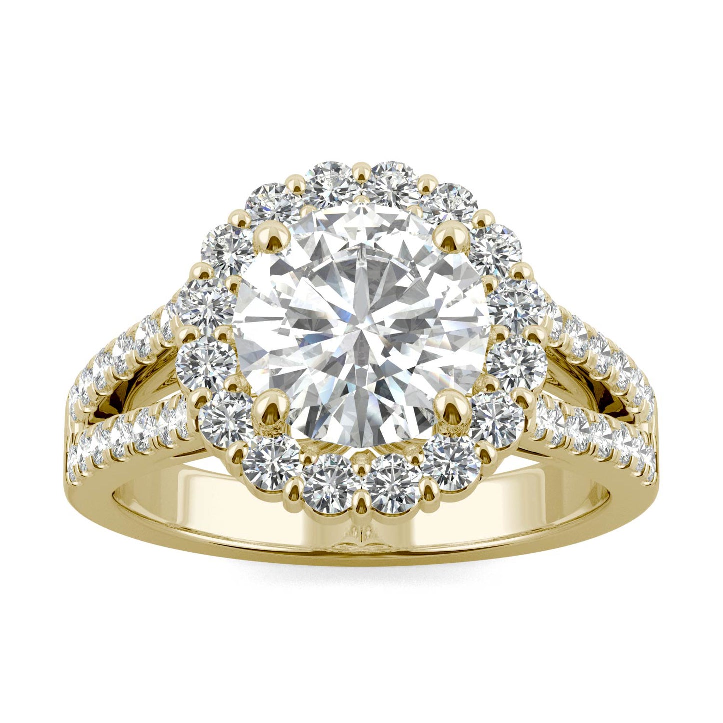 2.63 CTW DEW Round Forever One Moissanite Signature Halo Split Shank Engagement Ring in 14K Yellow Gold