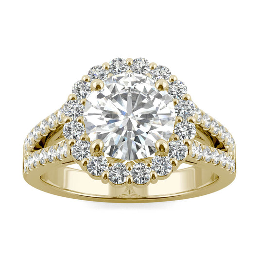 2.63 CTW DEW Round Forever One Moissanite Signature Halo Split Shank Engagement Ring in 14K Yellow Gold