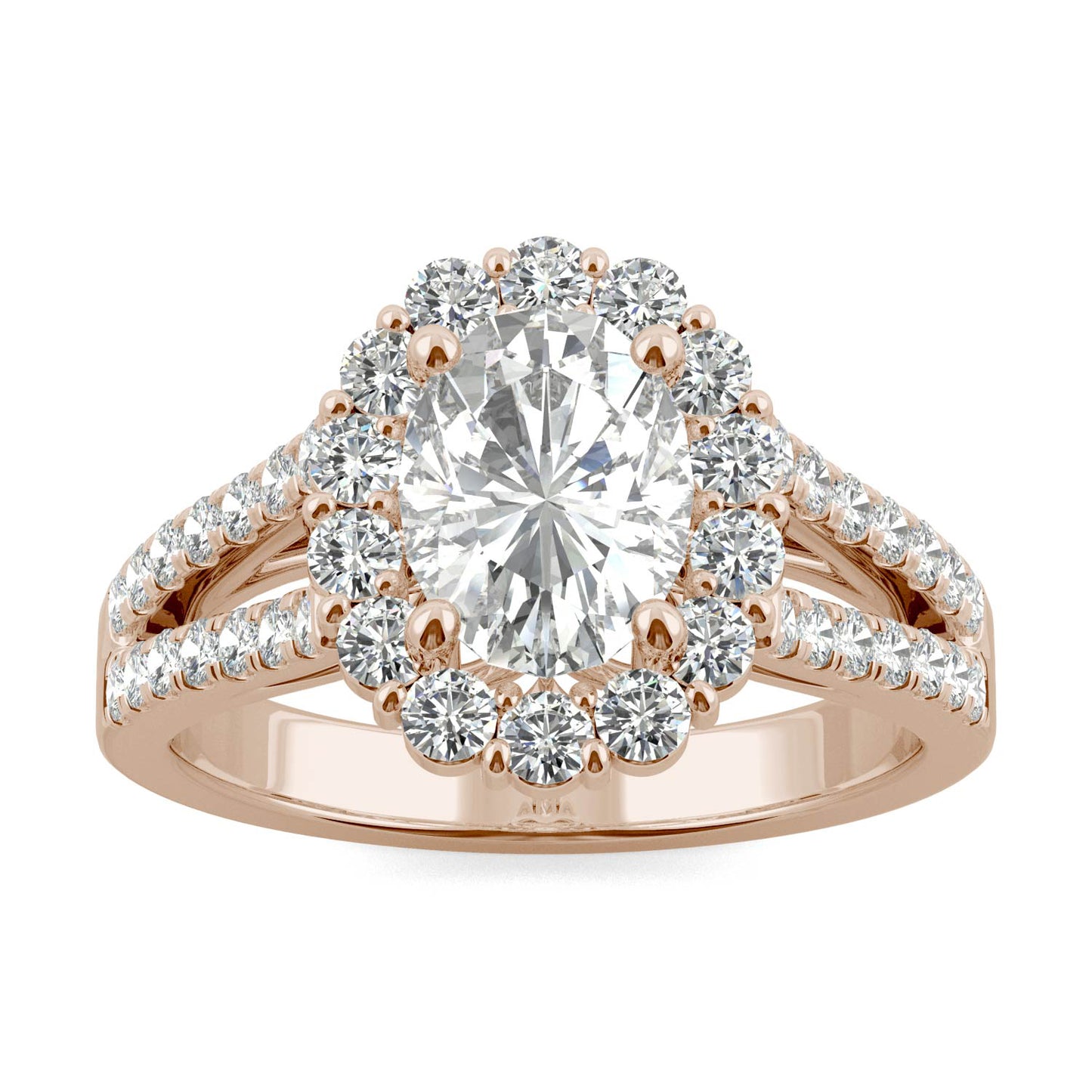 2.14 CTW DEW Oval Forever One Moissanite Signature Halo Split Shank Engagement Ring in 14K Rose Gold