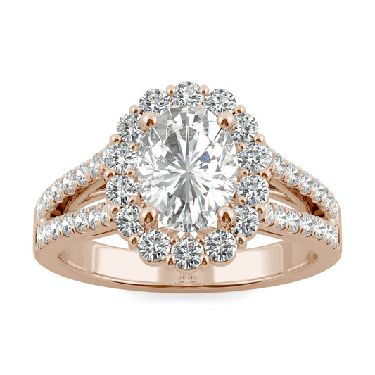 2.14 CTW DEW Oval Forever One Moissanite Signature Halo Split Shank Engagement Ring in 14K Rose Gold