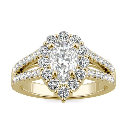 1.67 CTW DEW Pear Forever One Moissanite Signature Halo Split Shank Engagement Ring in 14K Yellow Gold