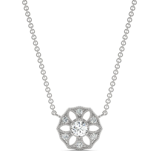0.16 CTW DEW Round Forever One Moissanite Signature Filigree Necklace in 14K White Gold