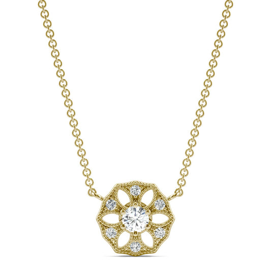 0.16 CTW DEW Round Forever One Moissanite Signature Filigree Necklace in 14K Yellow Gold