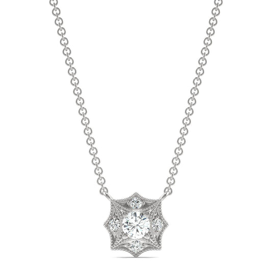 0.22 CTW DEW Round Forever One Moissanite Signature Milgrain Necklace in 14K White Gold