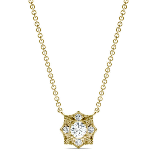 0.22 CTW DEW Round Forever One Moissanite Signature Milgrain Necklace in 14K Yellow Gold