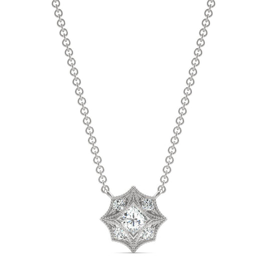 0.24 CTW DEW Princess Forever One Moissanite Signature Milgrain Necklace in 14K White Gold