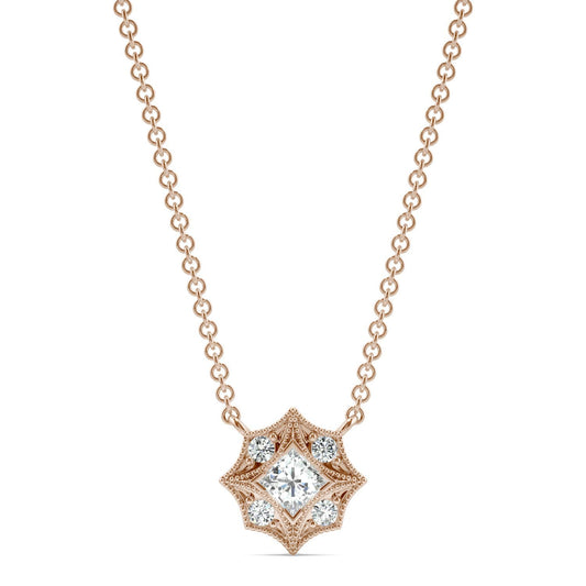 0.24 CTW DEW Princess Forever One Moissanite Signature Milgrain Necklace in 14K Rose Gold