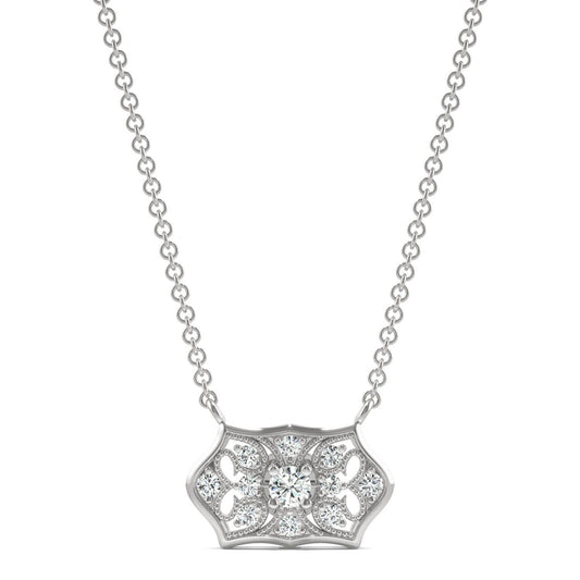 0.16 CTW DEW Round Forever One Moissanite Signature Horizontal Filigree Necklace in 14K White Gold