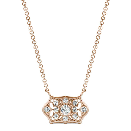 0.16 CTW DEW Round Forever One Moissanite Signature Horizontal Filigree Necklace in 14K Rose Gold