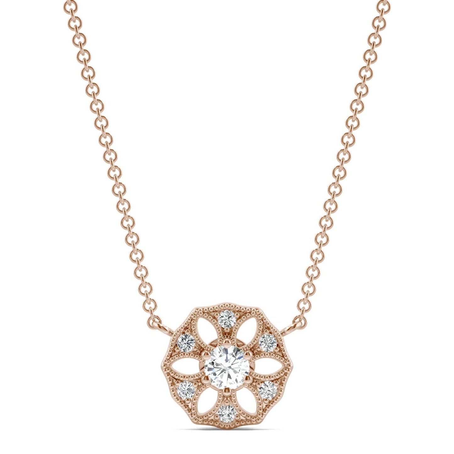 0.16 CTW DEW Round Forever One Moissanite Signature Filigree Necklace in 14K Rose Gold