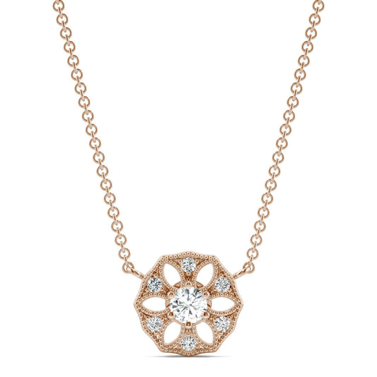 0.16 CTW DEW Round Forever One Moissanite Signature Filigree Necklace in 14K Rose Gold