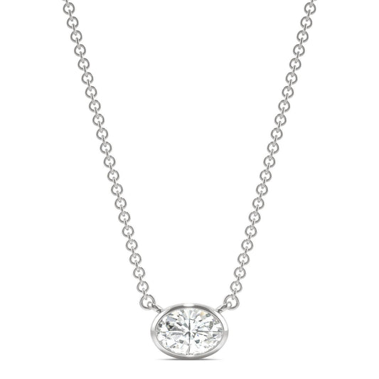 0.51 CTW DEW Oval Forever One Moissanite Signature Bezel Necklace in 14K White Gold