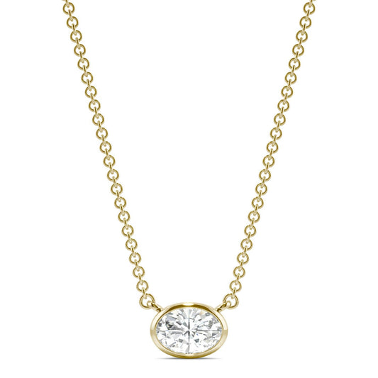 0.51 CTW DEW Oval Forever One Moissanite Signature Bezel Necklace in 14K Yellow Gold