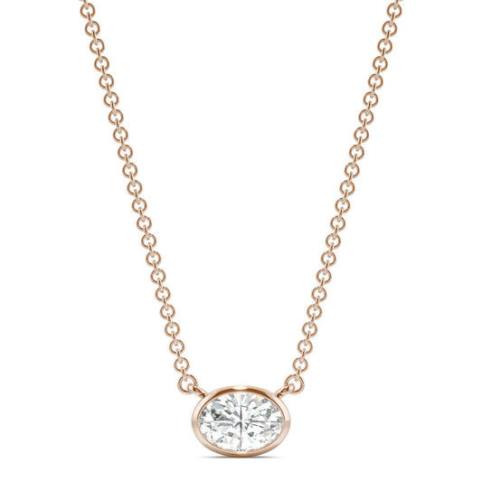 0.51 CTW DEW Oval Forever One Moissanite Signature Bezel Necklace in 14K Rose Gold
