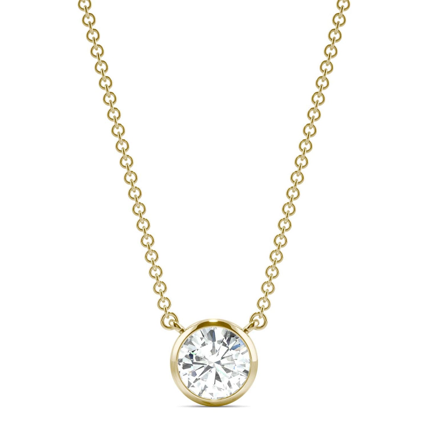0.81 CTW DEW Round Forever One Moissanite Signature Bezel Necklace in 14K Yellow Gold