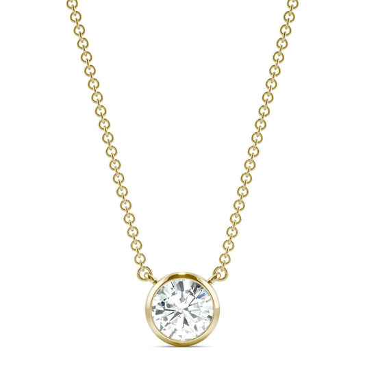 0.81 CTW DEW Round Forever One Moissanite Signature Bezel Necklace in 14K Yellow Gold