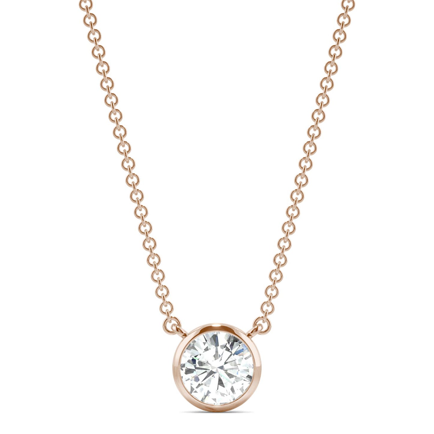 0.81 CTW DEW Round Forever One Moissanite Signature Bezel Necklace in 14K Rose Gold
