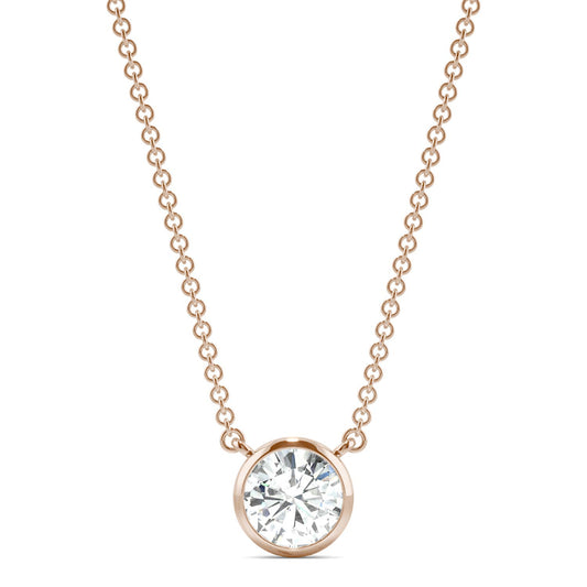 0.81 CTW DEW Round Forever One Moissanite Signature Bezel Necklace in 14K Rose Gold
