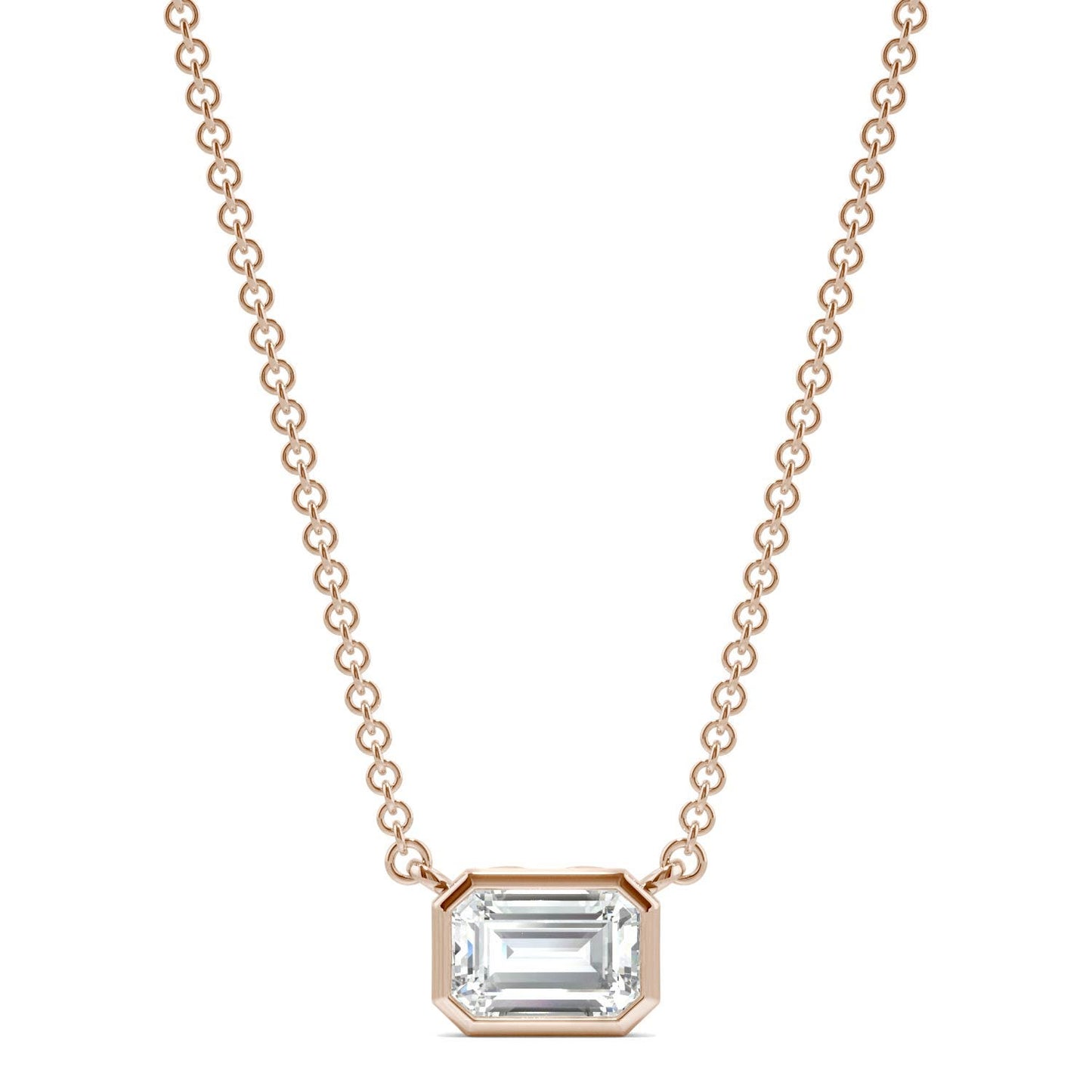 0.59 CTW DEW Emerald Forever One Moissanite Signature Bezel Necklace in 14K Rose Gold