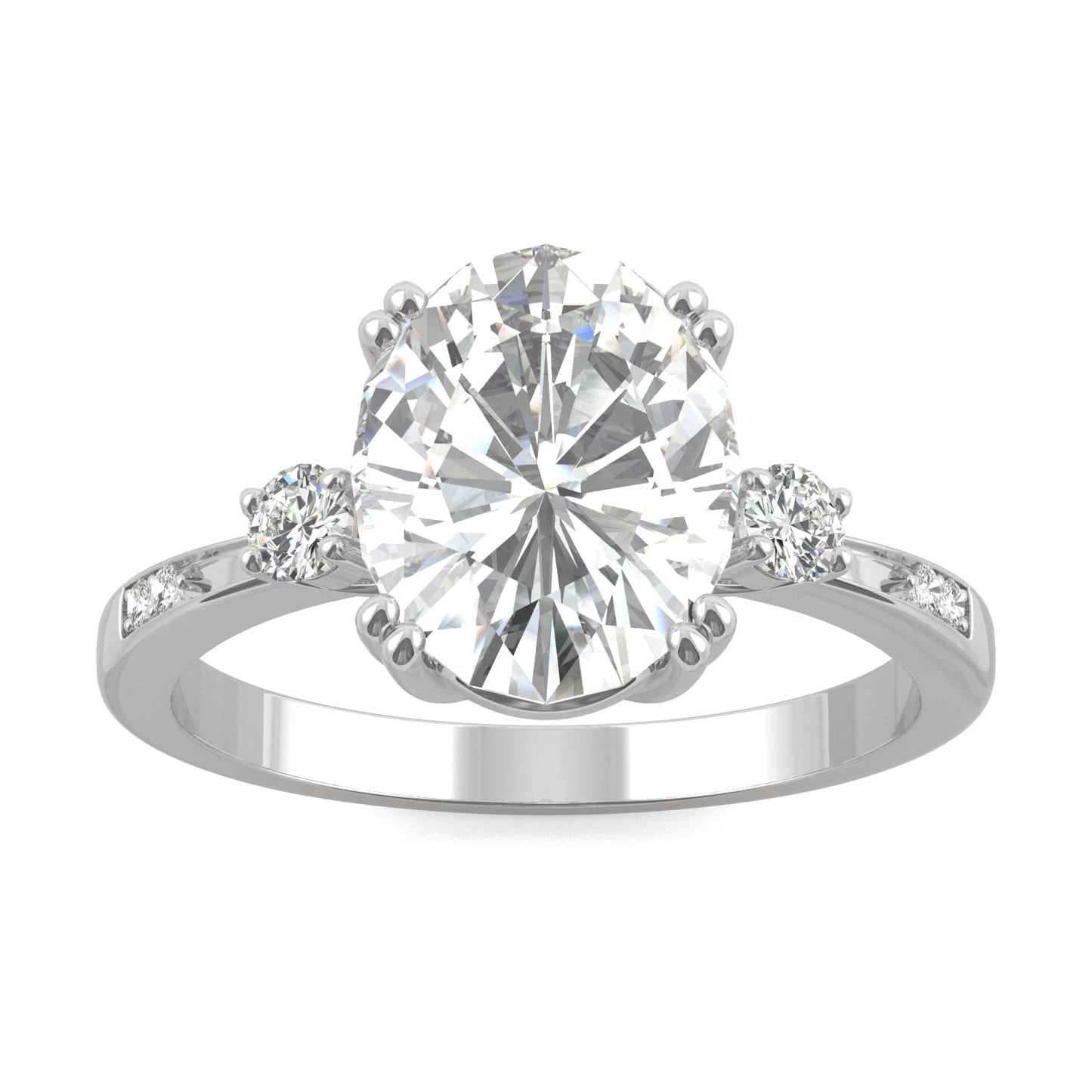 3.14 CTW DEW Oval Forever One Moissanite Solitaire with Side Accents Engagement Ring in 14K White Gold