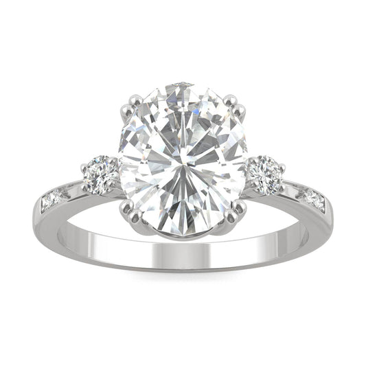 3.14 CTW DEW Oval Forever One Moissanite Solitaire with Side Accents Engagement Ring in 14K White Gold