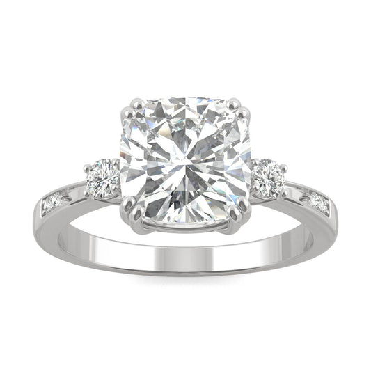 2.54 CTW DEW Cushion Forever One Moissanite Solitaire with Side Accents Engagement Ring in 14K White Gold