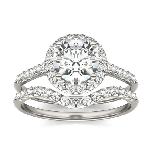 1.49 CTW DEW Round Forever One Moissanite Signature Halo Bridal Set Ring in 14K White Gold
