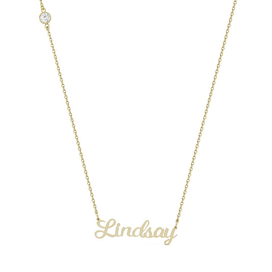 Custom Script Name Necklace in 14K Yellow Gold with Forever One Moissanite Accent