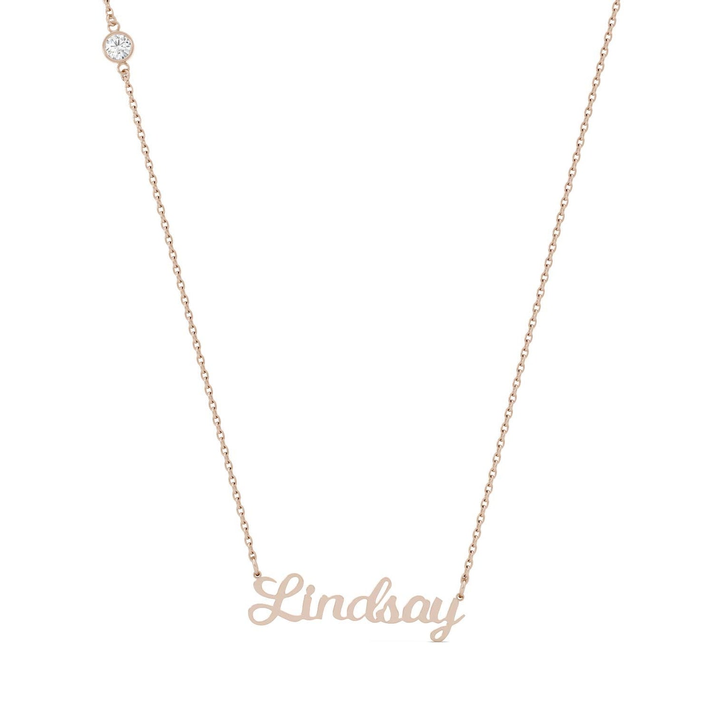 Custom Script Name Necklace in 14K Rose Gold with Forever One Moissanite Accent