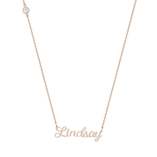 Custom Script Name Necklace in 14K Rose Gold with Forever One Moissanite Accent
