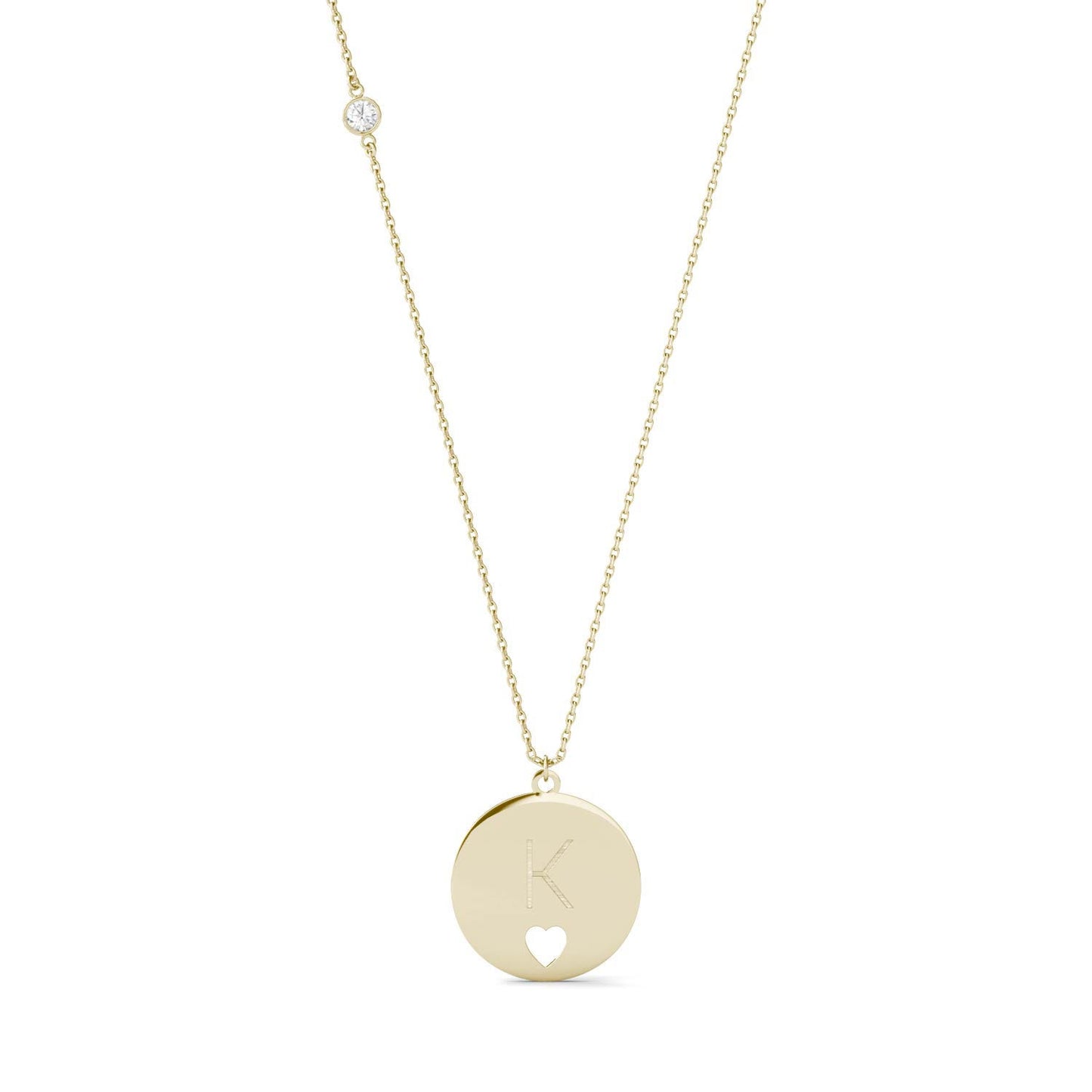 Personalized Block Initial Heart Necklace in 14K Yellow Gold with Forever One Moissanite Accent