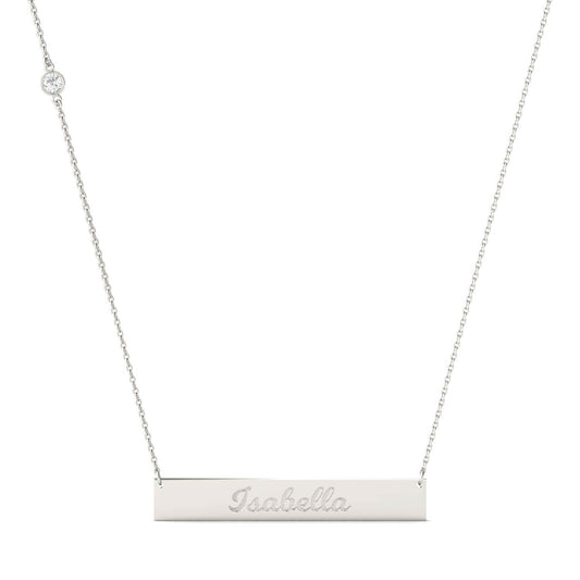 Personalized Script Name Bar Necklace in 14K White Gold with Forever One Moissanite Accent