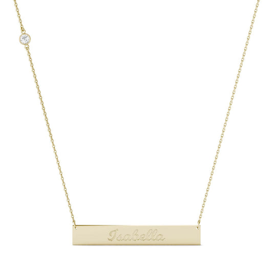 Personalized Script Name Bar Necklace in 14K Yellow Gold with Forever One Moissanite Accent